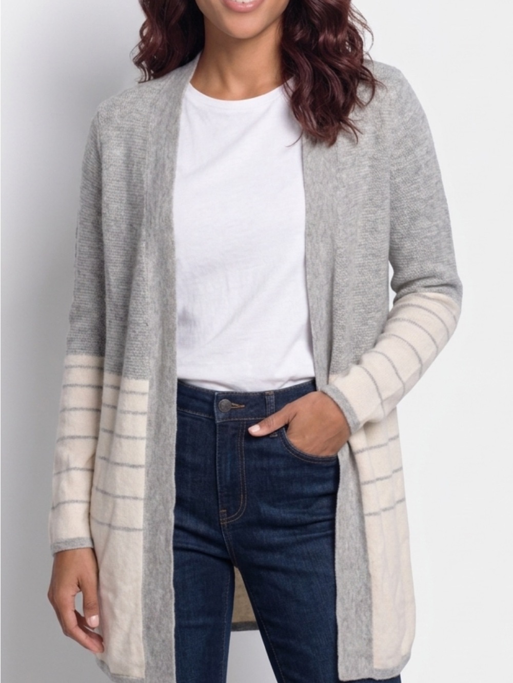 Cashmere Charter Club Gray & Cream Open-Front Striped Cardigan